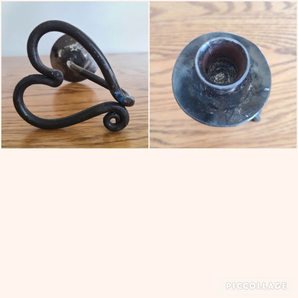 Vintage Wrought Iron Heart Base Taper Candle Holder HandForged Bronze Tone Metal - Picture 10 of 10